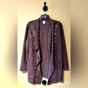 Chicos Green Faux Suede Open Cardigan Size 4/6 Embroidered Floral